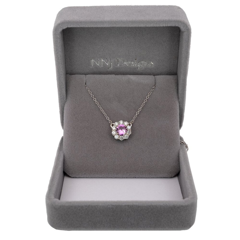 Ceylon Pink Sapphire Necklace with Natural Diamond Halo in Solid 14K Gold